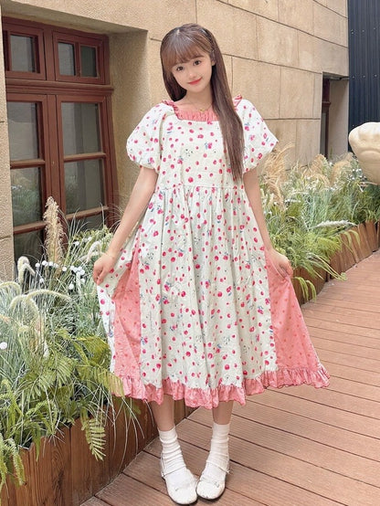 Red Blueberry Print Mori Kei Dress with Ruffle Trim - Mori Doll