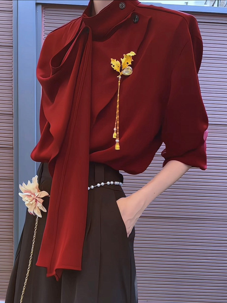 with Red Brooch Shirt and Design Golden Ribbon Leaf-shaped Vintage
