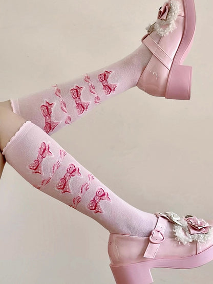 Pattern Pink Socks Bowknot Lolita Calf Sweet