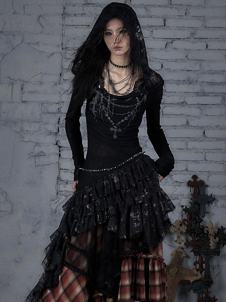 Chain Dress Cross Punk Black/Beige Beaded Wasteland Trim Print Lace