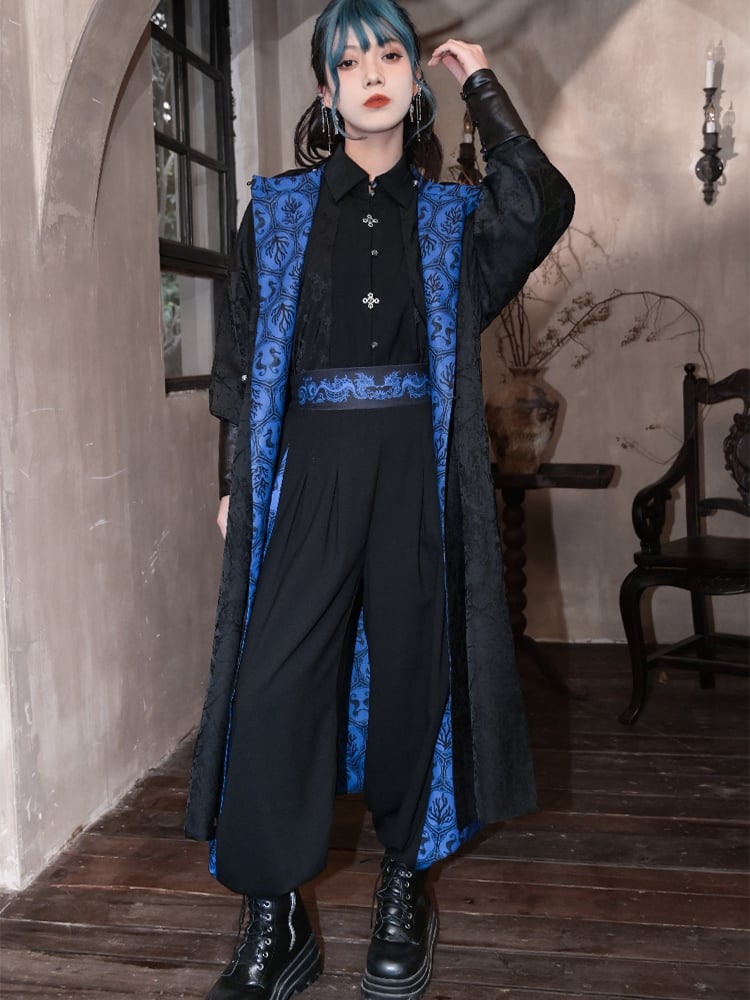Cheongsam Style Long Coat Print and Blue Coral Black Jacquard Seahorses Reversible
