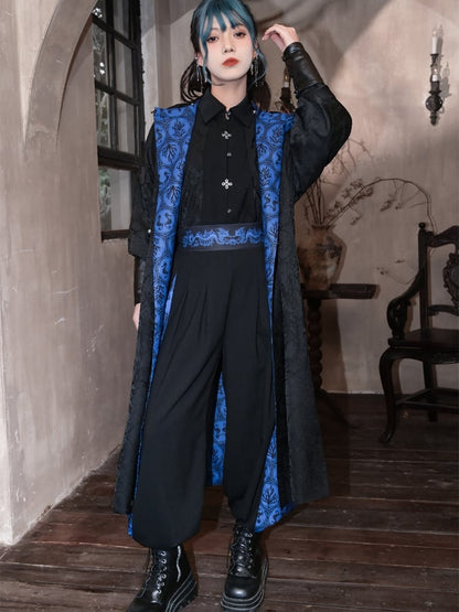 Cheongsam Style Long Coat Print and Blue Coral Black Jacquard Seahorses Reversible