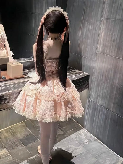 Lolita Lace Jacquard JSK Dress Bow Doll-Style Pink with Floral