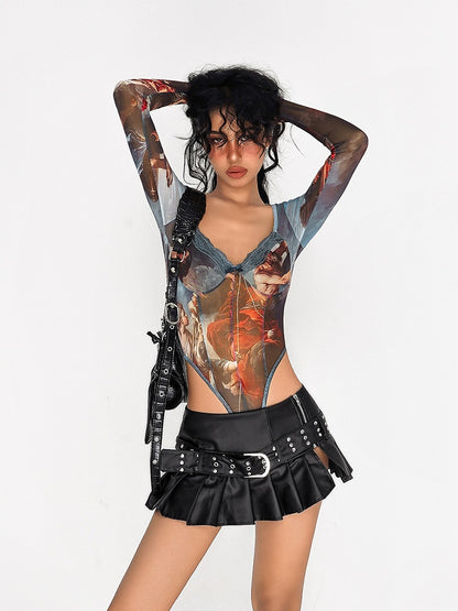 Detachable Square Painting Tulle Bodysuit with Oil Print Vintage