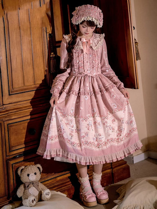 Pink Floral and Kitty Spring Long Sleeves Pink House Style Sweet Lolita Dress