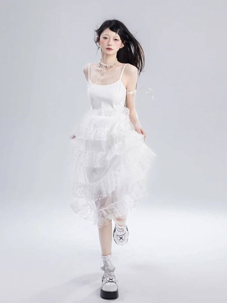 Rock Cami Kleid Taille Kette Süße Weiße Spitze Tiered Frei mit