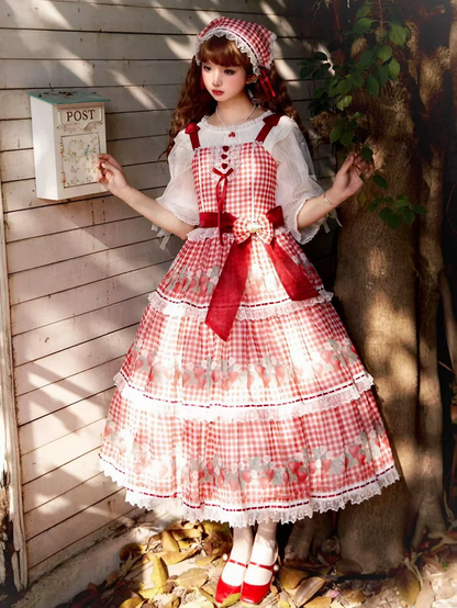 Strawberry Print Red Lolita Picnic Gingham Dress Sweet Lolita Jumper Skirt