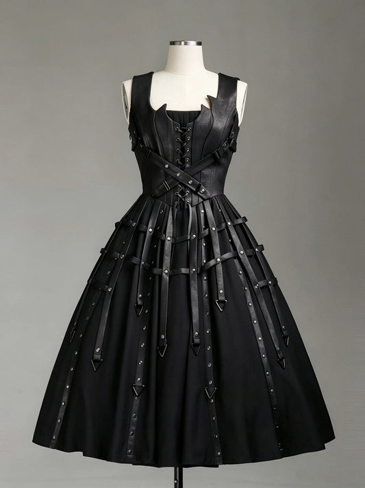 Gothic Lolita JSK Dress with Birdcage Straps & Rivets - FOXTROT