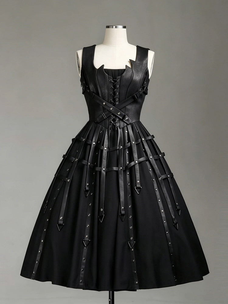 Black Gothic Lolita Jumper Dress with Birdcage Leather Straps & Rivets - FOXTROT