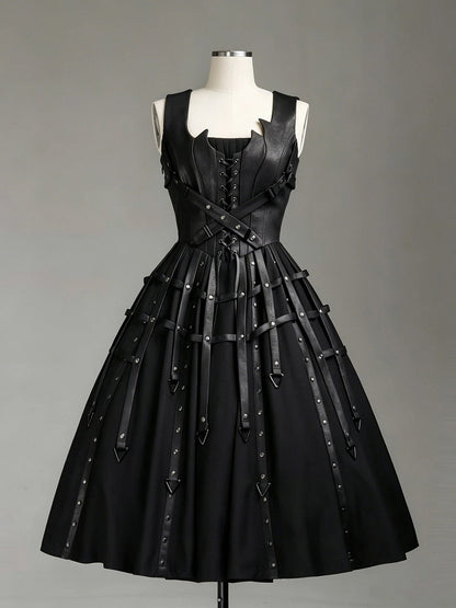 Black Gothic Lolita Jumper Dress with Birdcage Leather Straps & Rivets - FOXTROT
