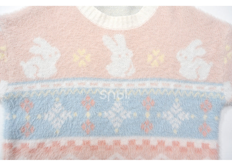 ピンクのかわいいウサギ柄ラウンドネックソフトセーター