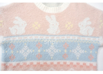 ピンクのかわいいウサギ柄ラウンドネックソフトセーター