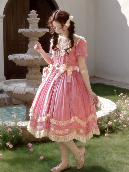 Pink Floral Embroidered Lolita OP Gown with Scalloped Lace Edge