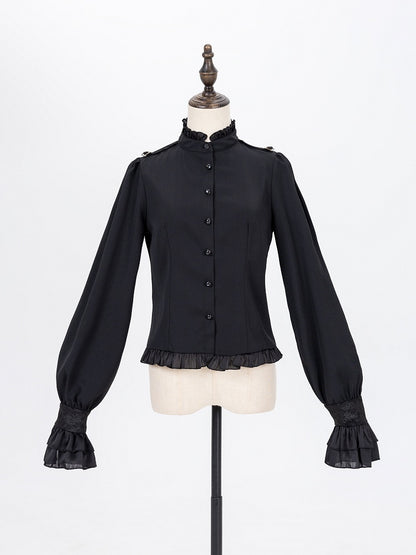 High Neck Long Sleeve Black Shirt with Ruffle Cuffs and Spider Bowtie - DevilInspired Exclusive Collection