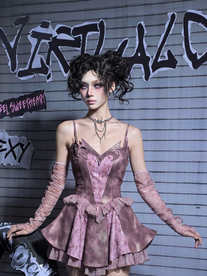Slip Denim Y2K Totem Embroidery with Punk Ruffles Dress Dusty Pink Studded Tiered Tulle Rhinestoned