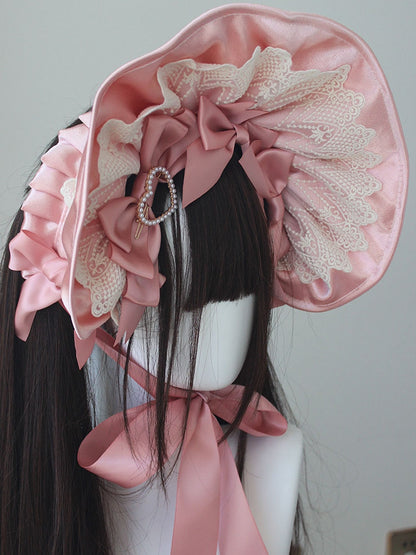 Beaded Decorated Bowknot Details Lace Trim Bonnet