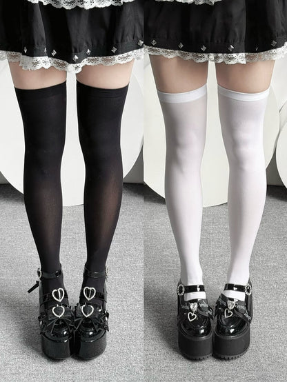 Over-knee Ribbed Kei Black/White Jirai Trim Stockings with