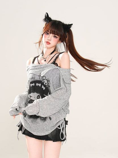 Rebellious Witch Schwarz/Weiß/Grau Ausschnitt Sonne Off-the-Shoulder Schutz Grafik Top