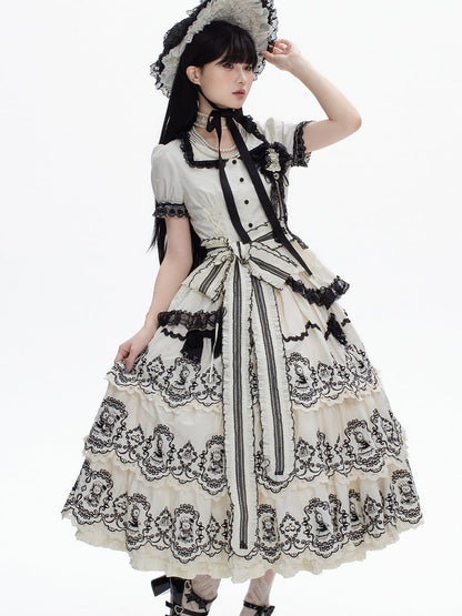White Blouse Trim Black Lolita Pattern Scalloped Edge with Skirt Puff + Elegant Layered Rabbit Sleeves Set