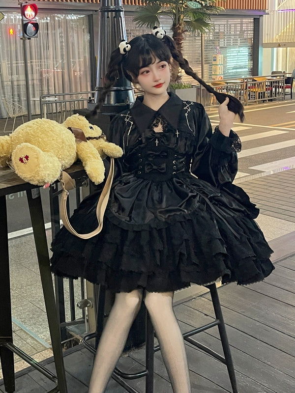 Cropped Cross and Gothic Lace Top Chains Trimmed Lolita with Black Charms