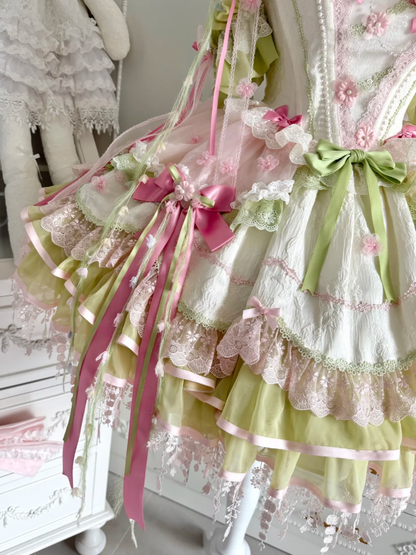 Sweet Lolita JSK Set with Floral Crown and Detachable Sleeves - Sweetheart Macaron Lolita