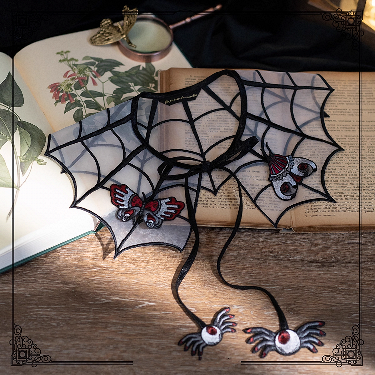 Brosche mit Spinnennetz-Stickerei, Organza und Schmetterlingsmotte, Fake-Halsband, abnehmbar, Schwarz/Weiß