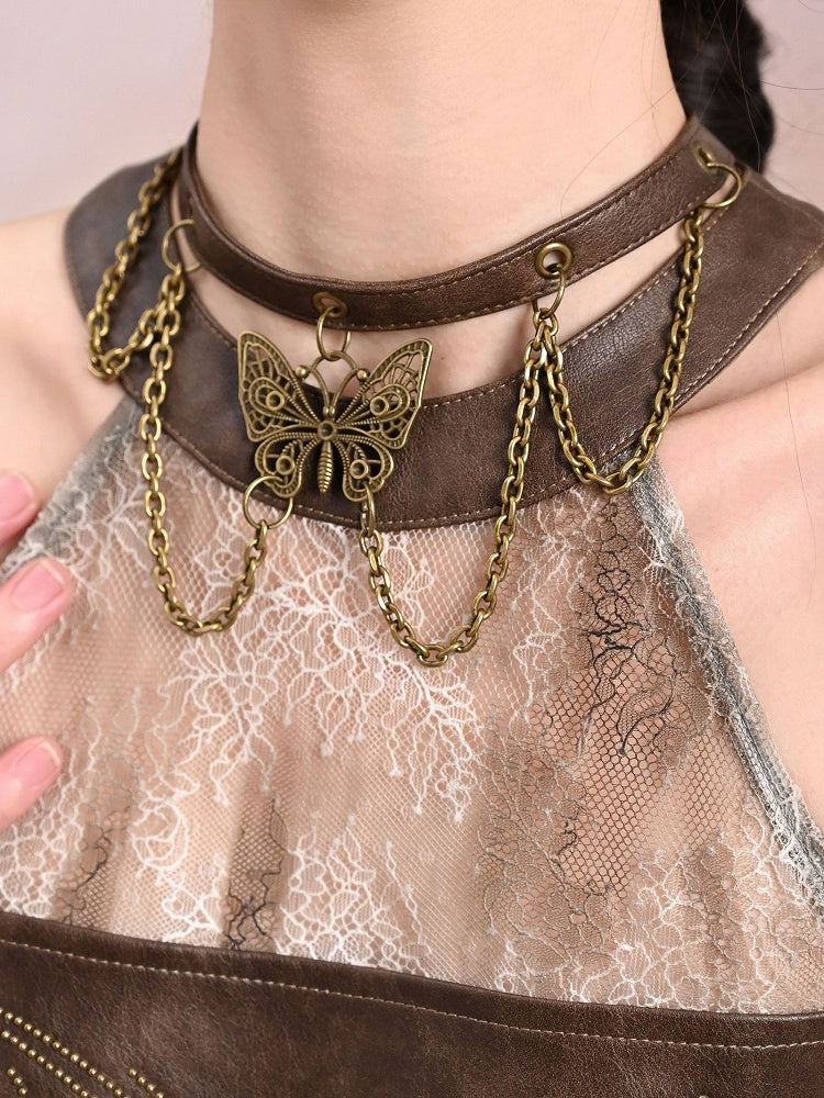 Choker PU Light Decorated Butterfly Chains Wasteland Punk Brown