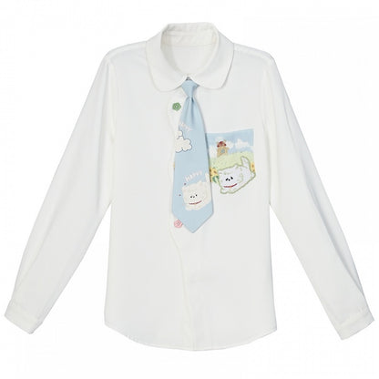 White Floral-Shaped Buttons Puppy Pattern Pocket Shirt with Tie