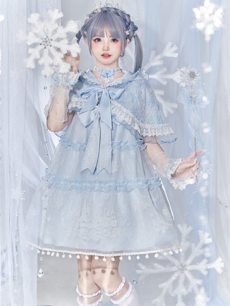 Light Blue Snowflake Sequins Lace Trim Lolita Hooded Cape