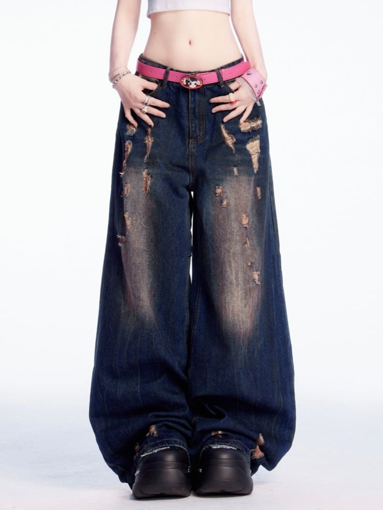 Dunkelblaue Vintage-Jeans mit weitem Bein und Distressed-Löchern