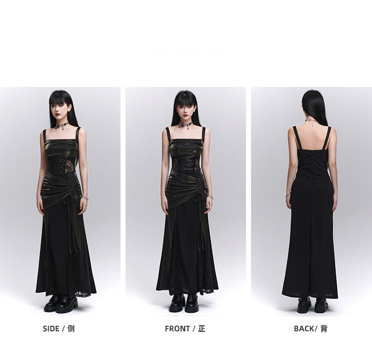 Taillenkordelzug Schwarze Spitze Hüfte Ärmelloses Kleid Patches