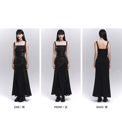 Taillenkordelzug Schwarze Spitze Hüfte Ärmelloses Kleid Patches