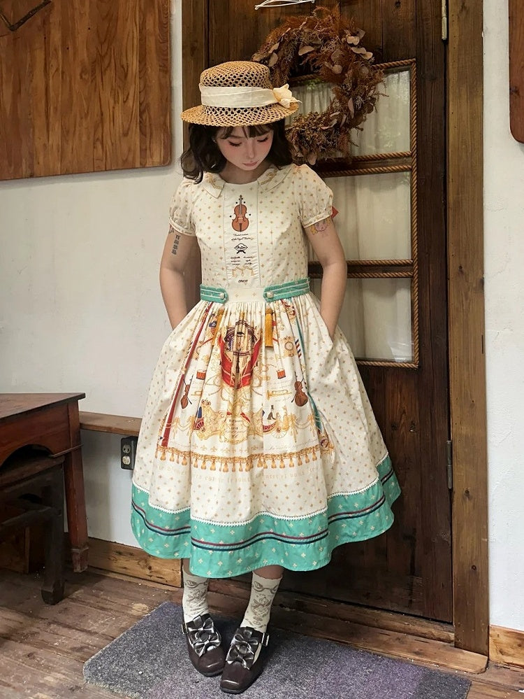 Long White Musical Print Peter Pan Collar OP Dress with Tassels - Crucis Universal Tailor Company