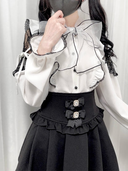 Jirai Kei Black/White/Dusty Cutout Shoulder Blouse Bow Neckline Big Pink