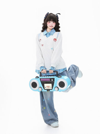 Design Blue/Pink Plaid Polo Two-Piece Faux Sweatshirt Collar