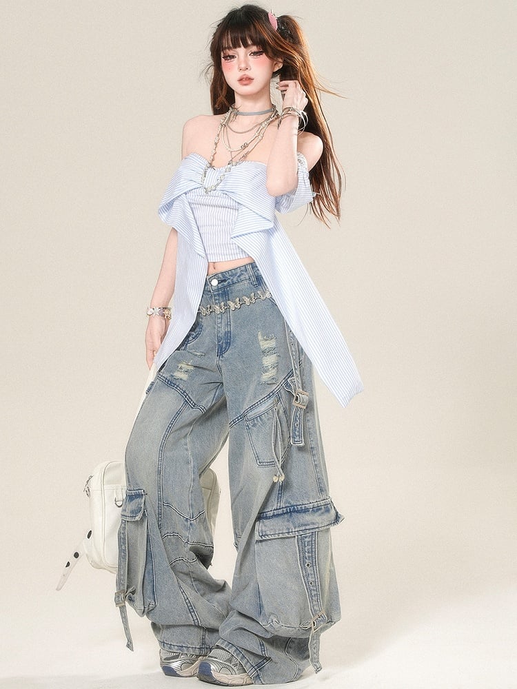 Striped Neckline Glamorous Top Blue Big Bow Cropped