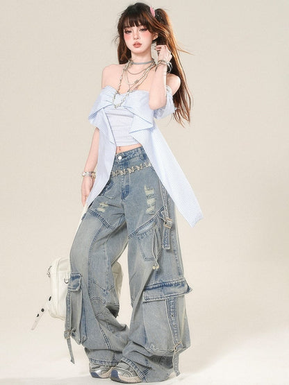 Striped Neckline Glamorous Top Blue Big Bow Cropped