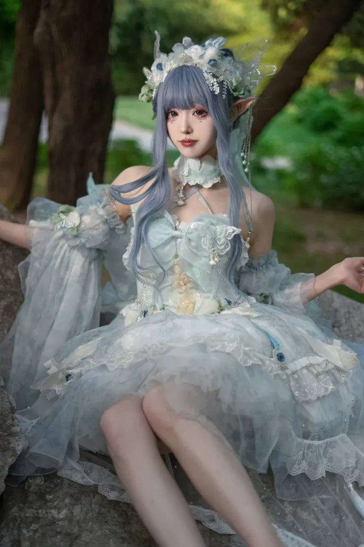 Volles leichtes Schmetterlingskleid Lolita JSK Blaues Design-Set Floral Fairy Princess