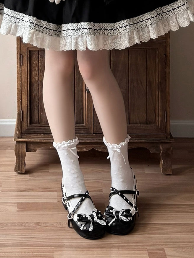 in Black Toe Mary Details Mid-heel PU Classic Shoes Lolita - Round Jane Beads