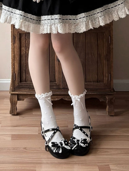 in Black Toe Mary Details Mid-heel PU Classic Shoes Lolita - Round Jane Beads