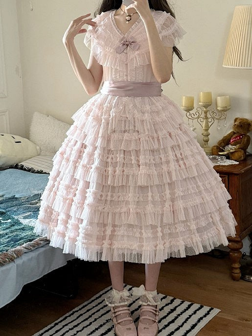 Mesh-Set Rosa Weste Baumwolle Lolita Gürtel Elegante gepunktete Taille - Mehrlagiger Tüllrock Klassisch +