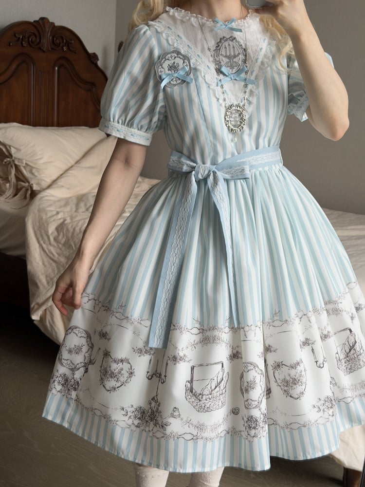 Classic Lolita Antique Porcelain Print and Embroidery OP Dress in Blue and Gray with Striped Pattern - Birds Diary