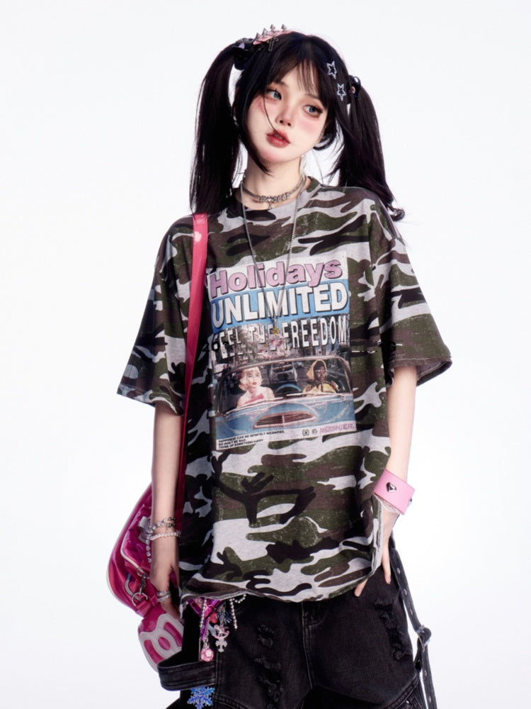 迷彩柄ラウンドネックレタープリントヴィンテージルーズTシャツ