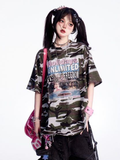 迷彩柄ラウンドネックレタープリントヴィンテージルーズTシャツ