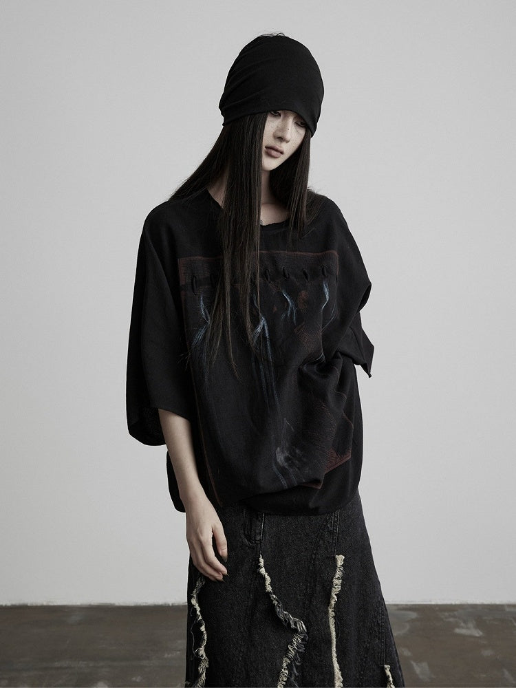 Batwing Black Tee with Gothic Prints - INDULGE