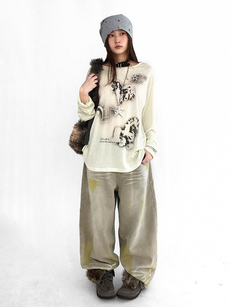 Washed Faded Light Yellow Wide-Leg Jeans with Graffiti Details