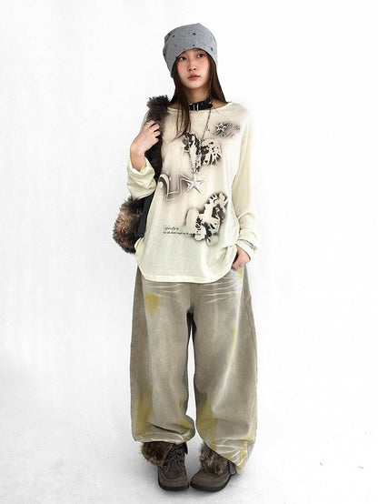 Washed Faded Light Yellow Wide-Leg Jeans with Graffiti Details
