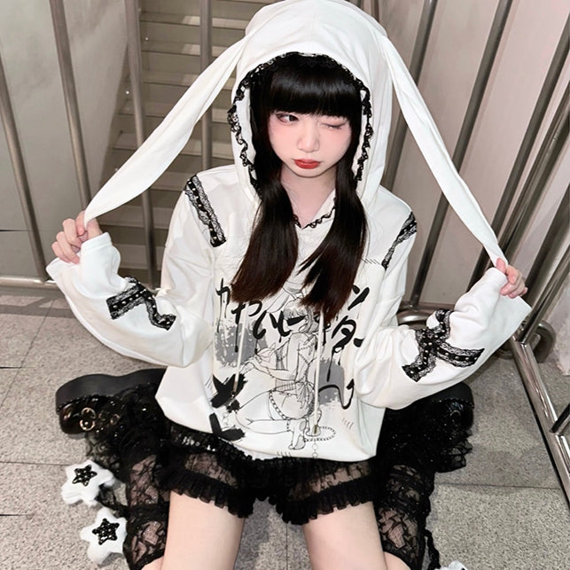 Hoodie with Bunny Ears  Criss-Cross Lace Detail Style White Landmine / Black