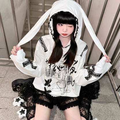 Hoodie with Bunny Ears  Criss-Cross Lace Detail Style White Landmine / Black