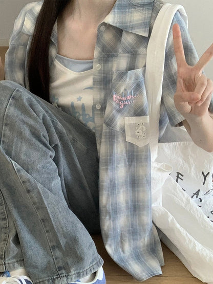 with Back Plaid Shirt Sleeves Short Blue Back Slit Bow Self-tie